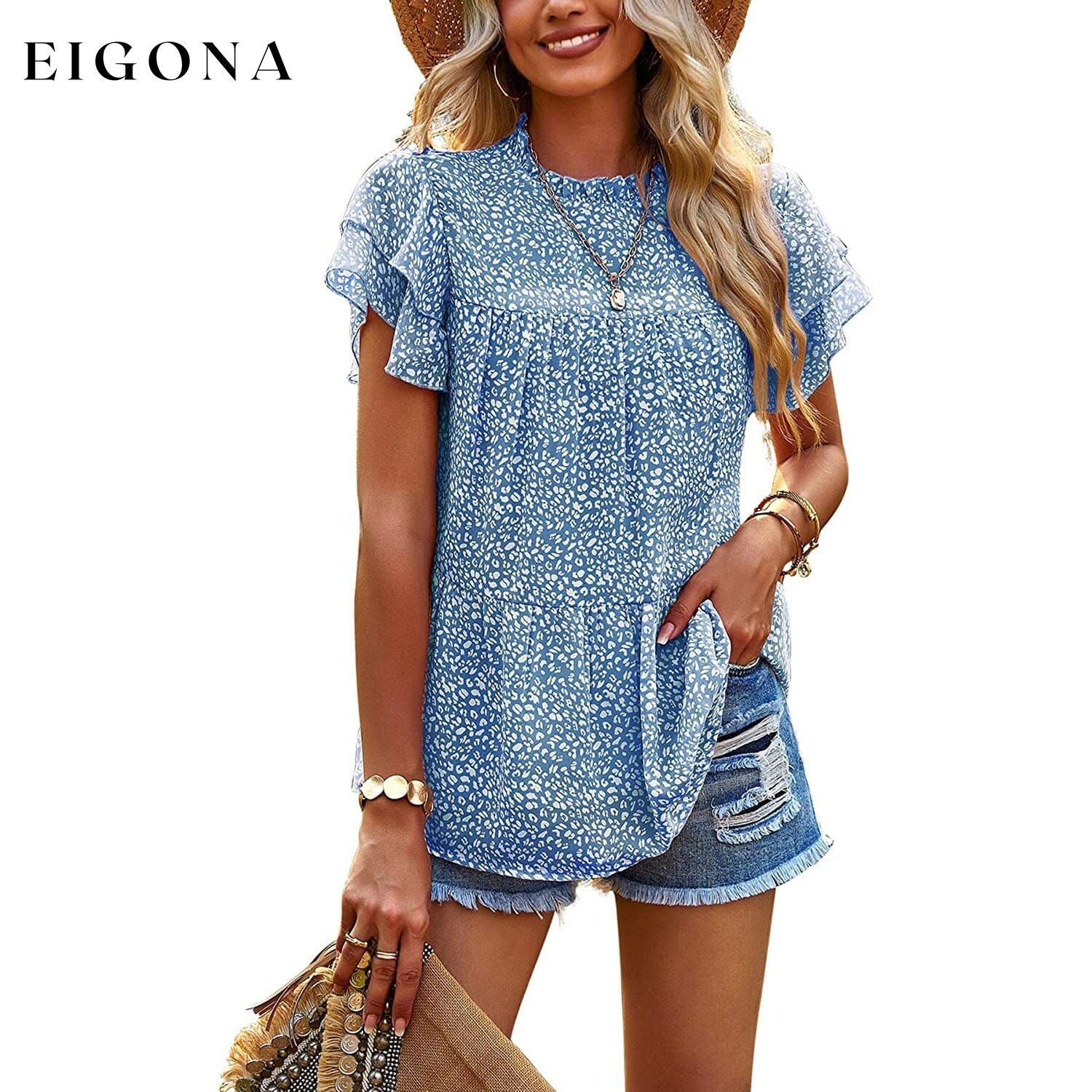 Women's Casual Summer Tops Ruffle Short Sleeve Mock Neck Fashion Floral Chiffon Blouse Shirts Blue __stock:200 clothes refund_fee:1200 tops