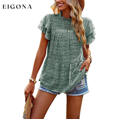 Women's Casual Summer Tops Ruffle Short Sleeve Mock Neck Fashion Floral Chiffon Blouse Shirts Dark Green __stock:200 clothes refund_fee:1200 tops