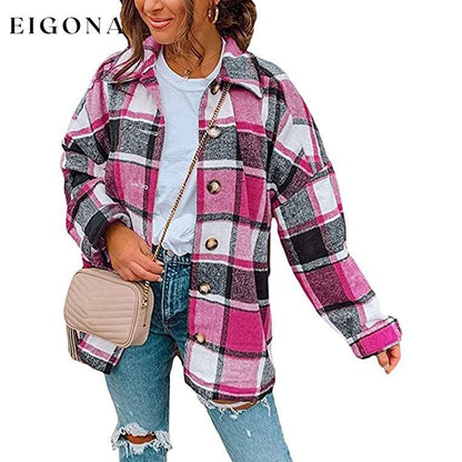 Women's Casual Woolen Long Sleeve Button Down Plaid Jacket Rose __stock:50 Jackets & Coats refund_fee:1200