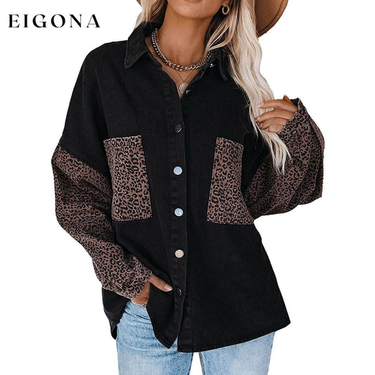 Womens Contrast Leopard Denim Jacket Long Sleeve Button Down Shirts Black __stock:200 clothes refund_fee:1200 tops