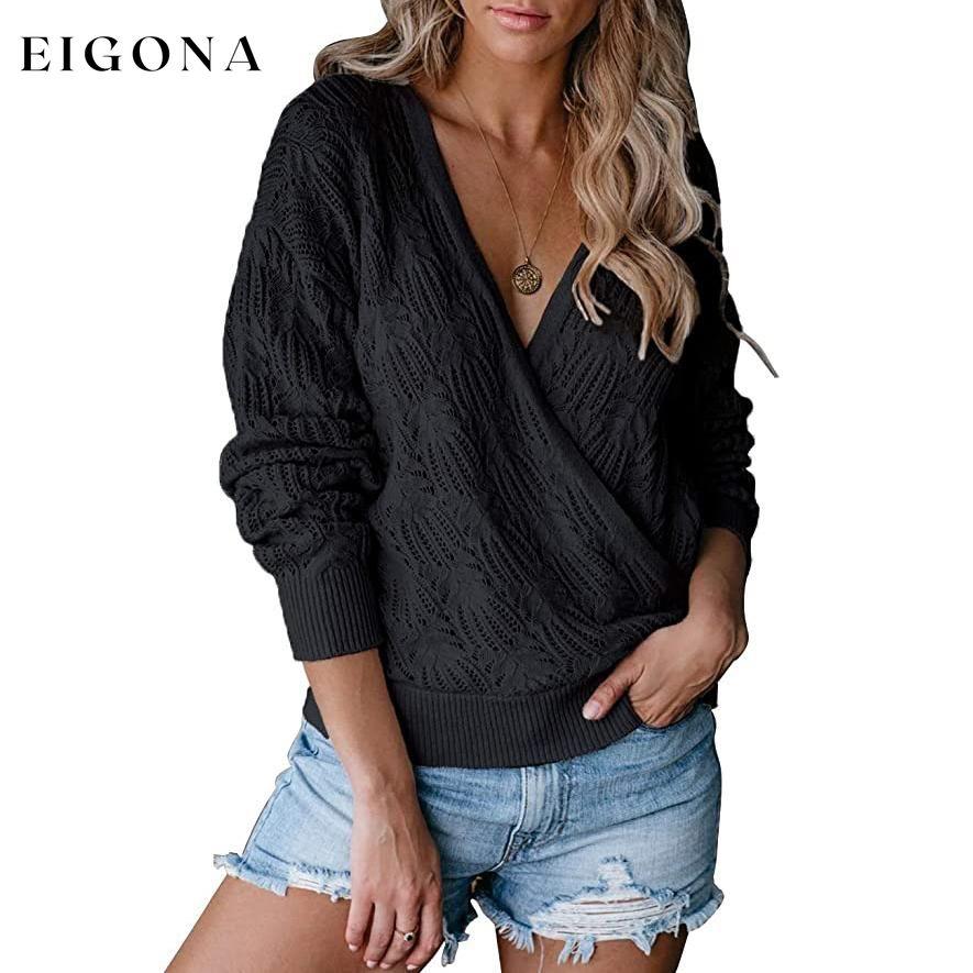 Women's Deep V Neck Long Sleeve Crochet Tops Black __stock:200 clothes refund_fee:1200 tops