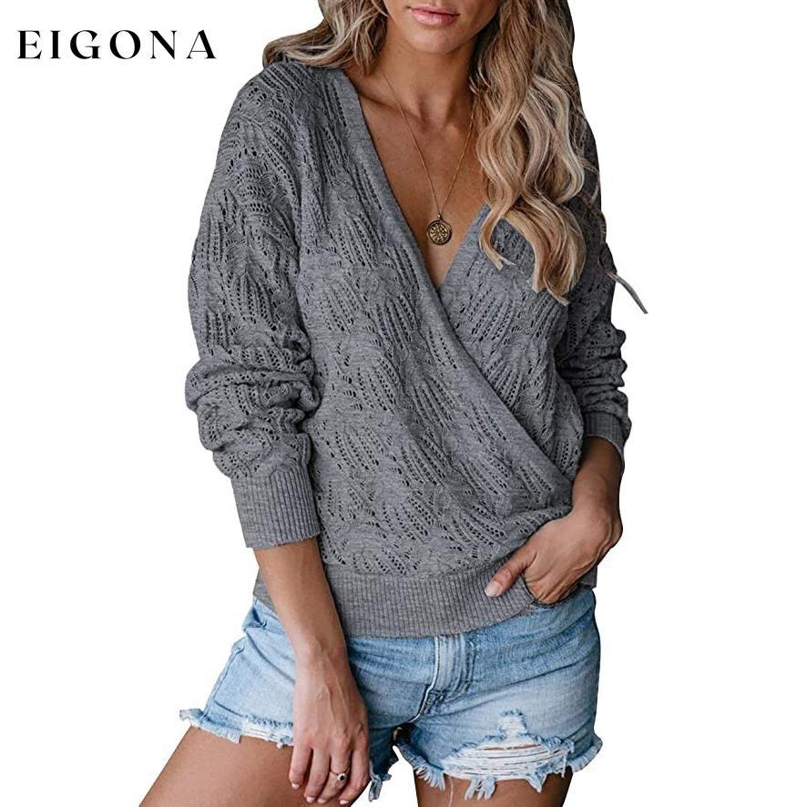 Women's Deep V Neck Long Sleeve Crochet Tops Gray __stock:200 clothes refund_fee:1200 tops