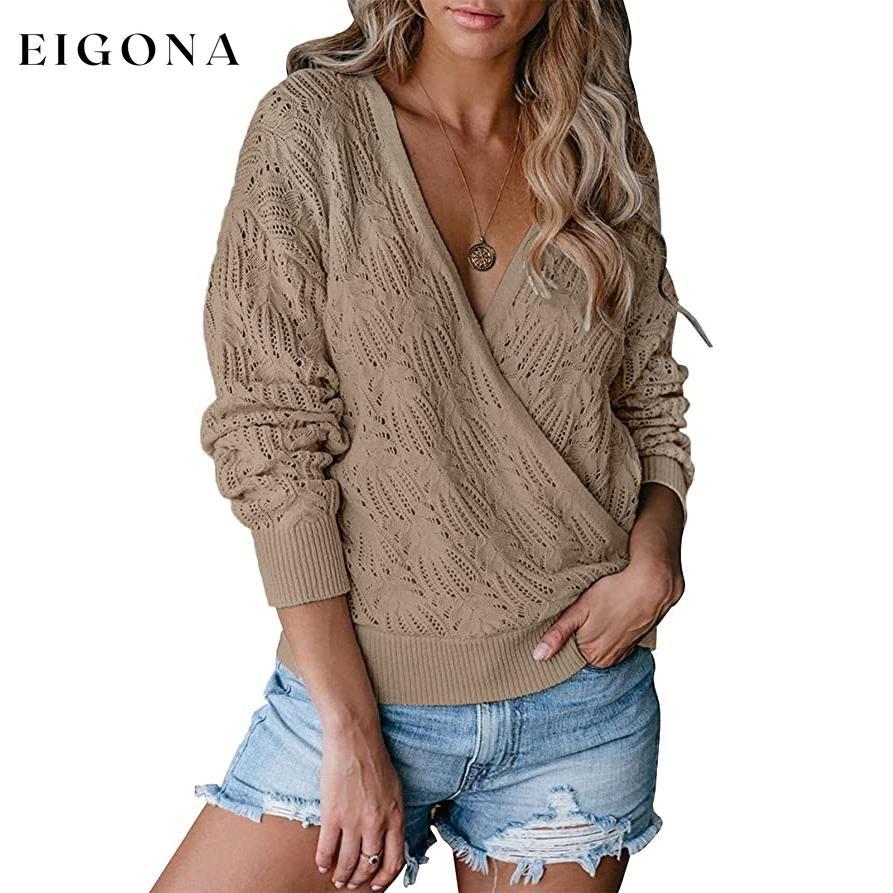 Women's Deep V Neck Long Sleeve Crochet Tops Light Khaki __stock:200 clothes refund_fee:1200 tops