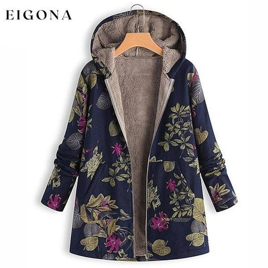 Women's Fashion Leaves Floral Print Fluffy Fur Hooded Long Sleeve Vintage Casual Coat Navy __stock:50 Jackets & Coats refund_fee:1200