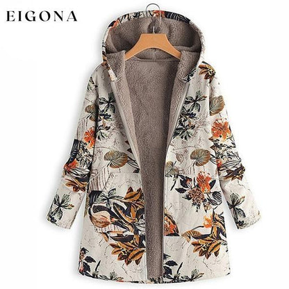 Women's Fashion Leaves Floral Print Fluffy Fur Hooded Long Sleeve Vintage Casual Coat Orange __stock:50 Jackets & Coats refund_fee:1200