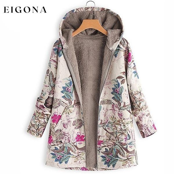 Women's Fashion Leaves Floral Print Fluffy Fur Hooded Long Sleeve Vintage Casual Coat White __stock:50 Jackets & Coats refund_fee:1200