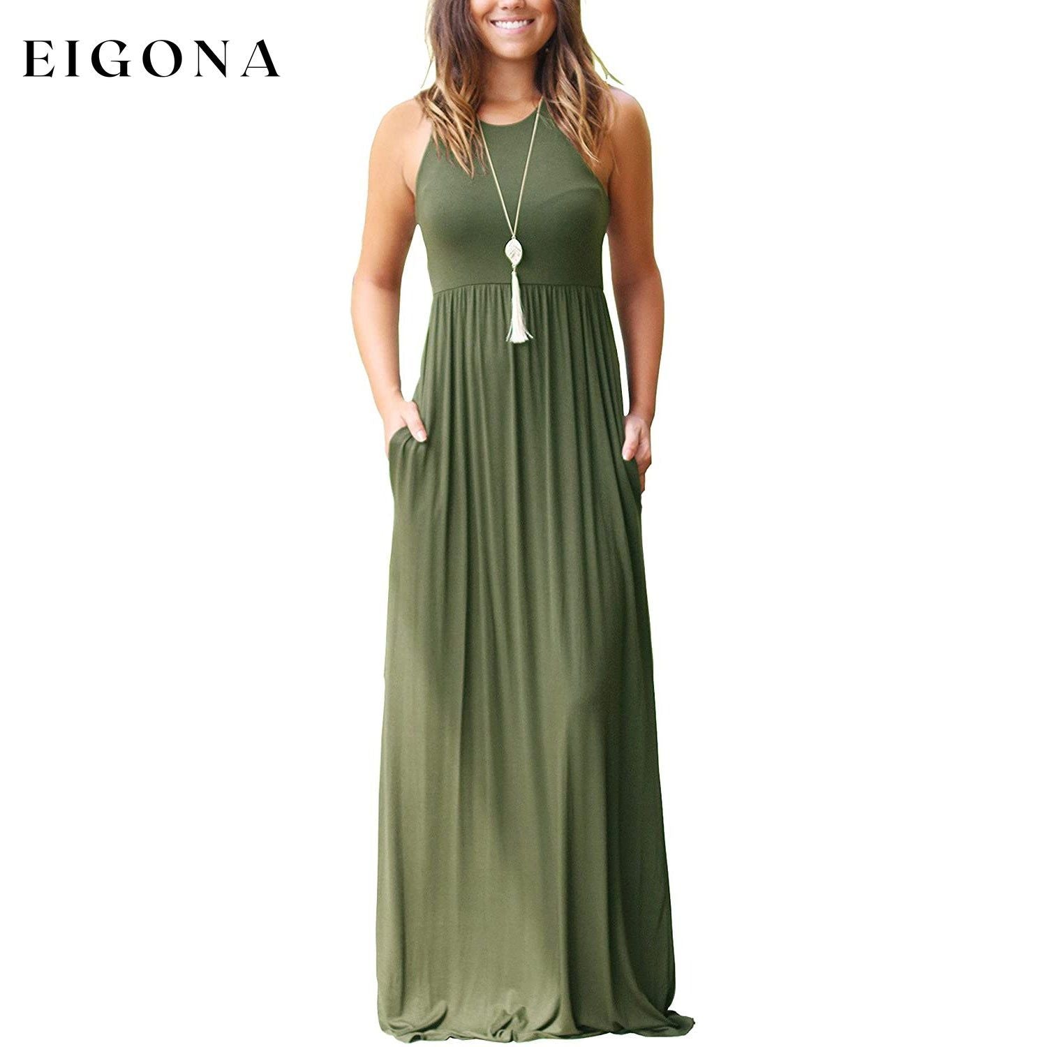 Women's Fashion Summer Sleeveless Racerback Loose Plain Maxi Dresses Army Green __stock:200 casual dresses clothes dresses refund_fee:1200