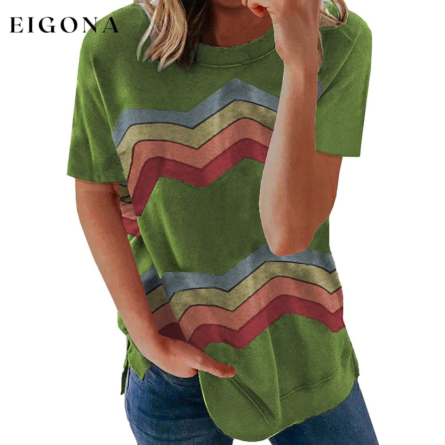 Womens Graphic Crewneck Tee Loose Casual T-Shirt Green __stock:200 clothes refund_fee:800 tops