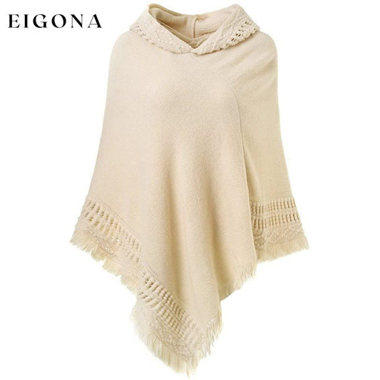 Womens Hooded Cape with Fringed Hem, Crochet Poncho Knitting Patterns Beige __stock:50 Jackets & Coats refund_fee:1200