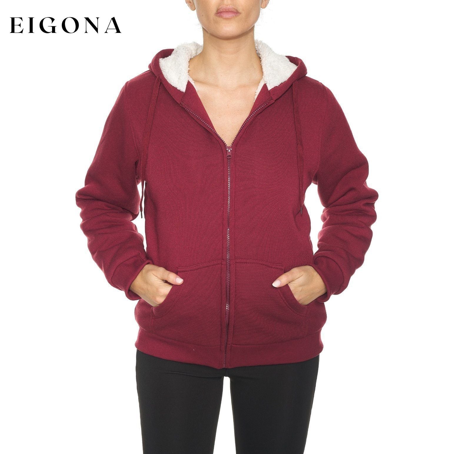 Women's Inner and Outer Sherpa Hoodie Sweatshirt Jacket Burgundy __stock:300 Jackets & Coats refund_fee:1200