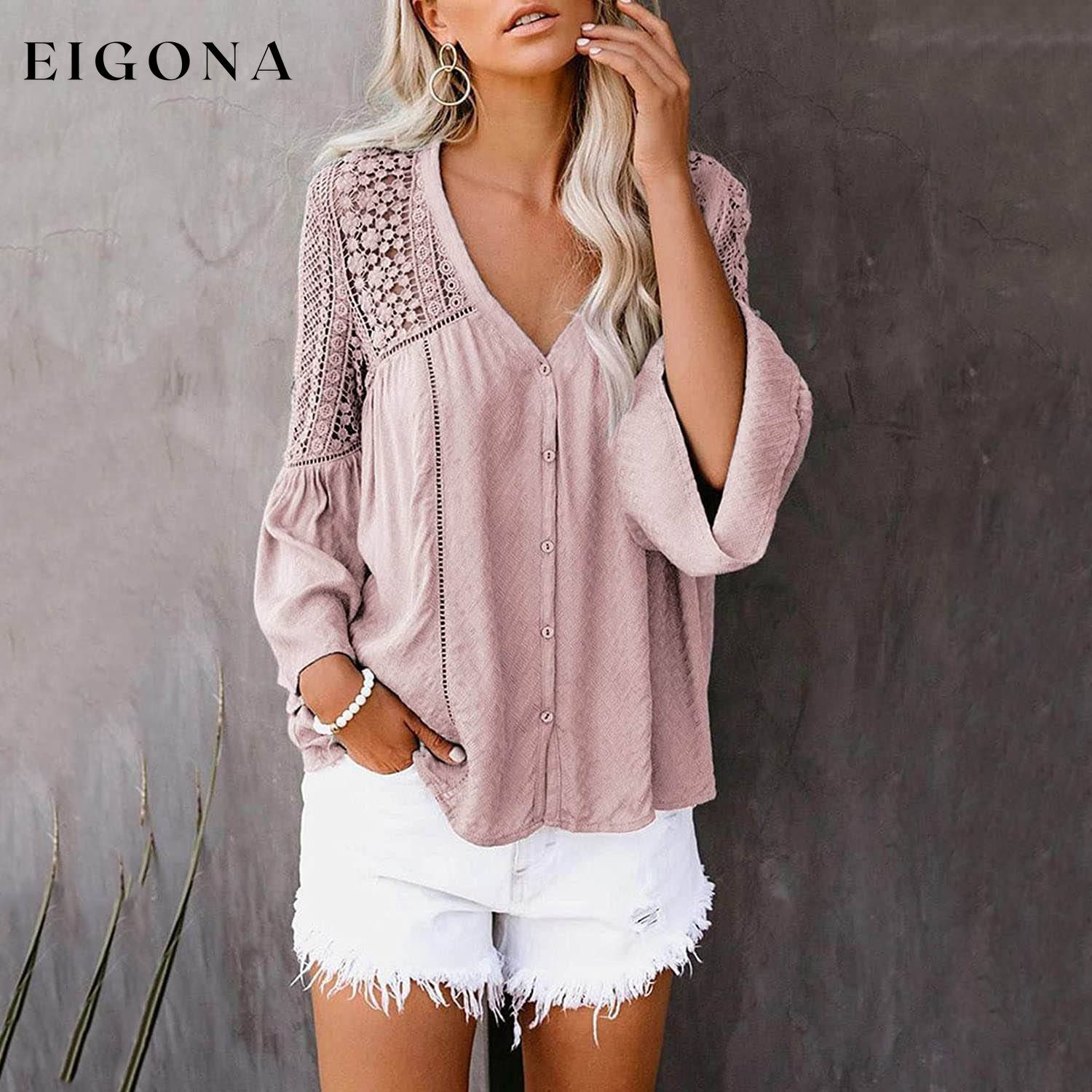 Women's Lace Crochet V Neck 3/4 Sleeve Button Down Blouses Casual Shirts Tops __stock:100 clothes refund_fee:1200 tops