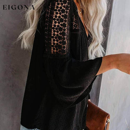 Women's Lace Crochet V Neck 3/4 Sleeve Button Down Blouses Casual Shirts Tops __stock:100 clothes refund_fee:1200 tops