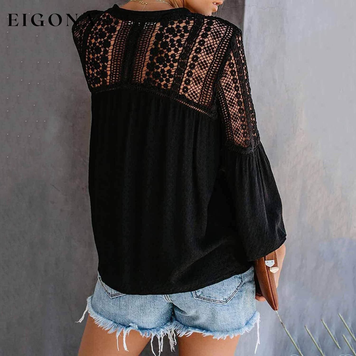 Women's Lace Crochet V Neck 3/4 Sleeve Button Down Blouses Casual Shirts Tops __stock:100 clothes refund_fee:1200 tops