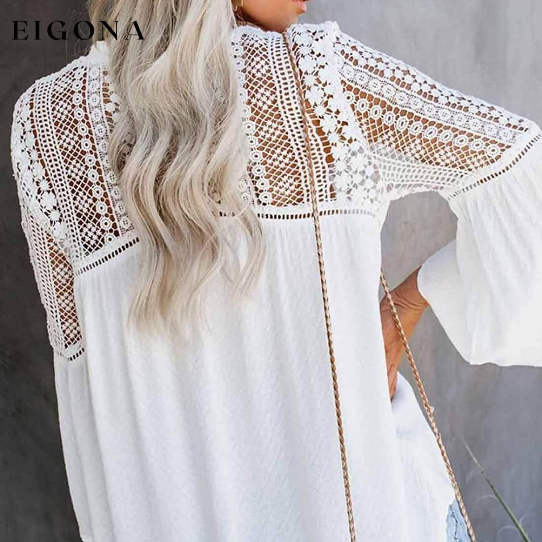 Women's Lace Crochet V Neck 3/4 Sleeve Button Down Blouses Casual Shirts Tops __stock:100 clothes refund_fee:1200 tops