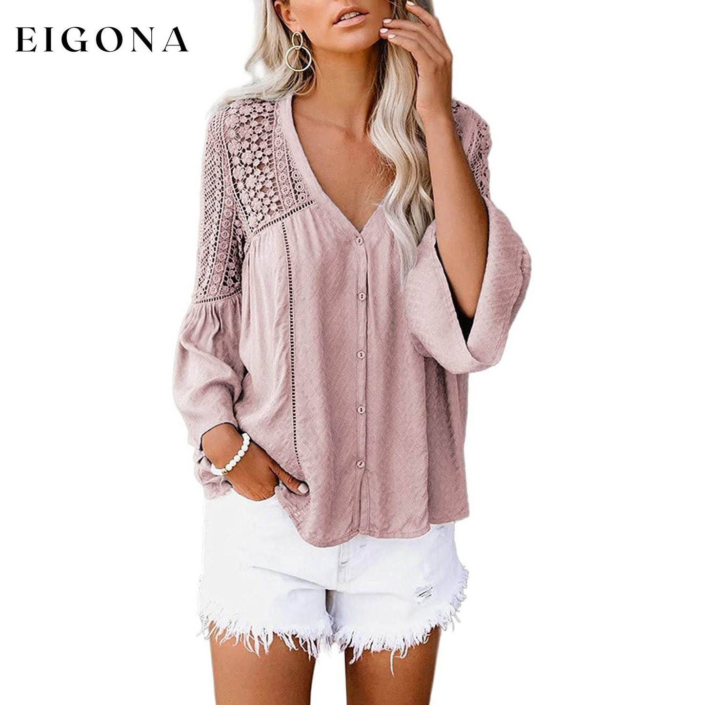 Women's Lace Crochet V Neck 3/4 Sleeve Button Down Blouses Casual Shirts Tops Pink __stock:100 clothes refund_fee:1200 tops