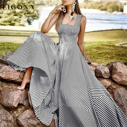 Women's Long A Line Striped Maxi Dress Black __stock:200 casual dresses clothes dresses refund_fee:1200