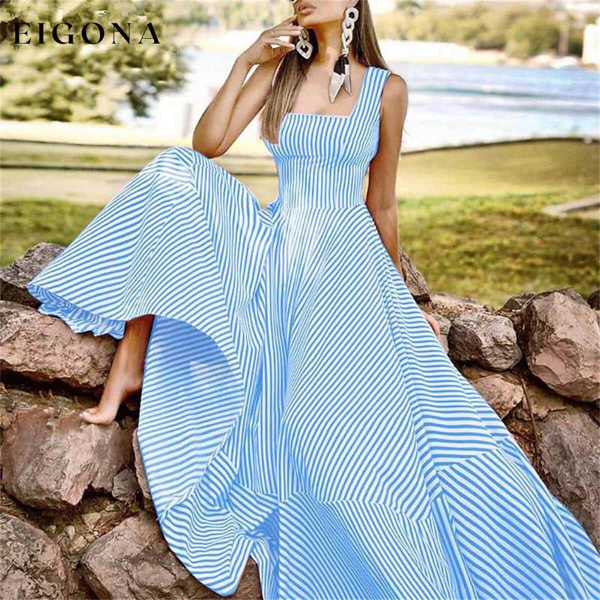 Women's Long A Line Striped Maxi Dress Blue __stock:200 casual dresses clothes dresses refund_fee:1200