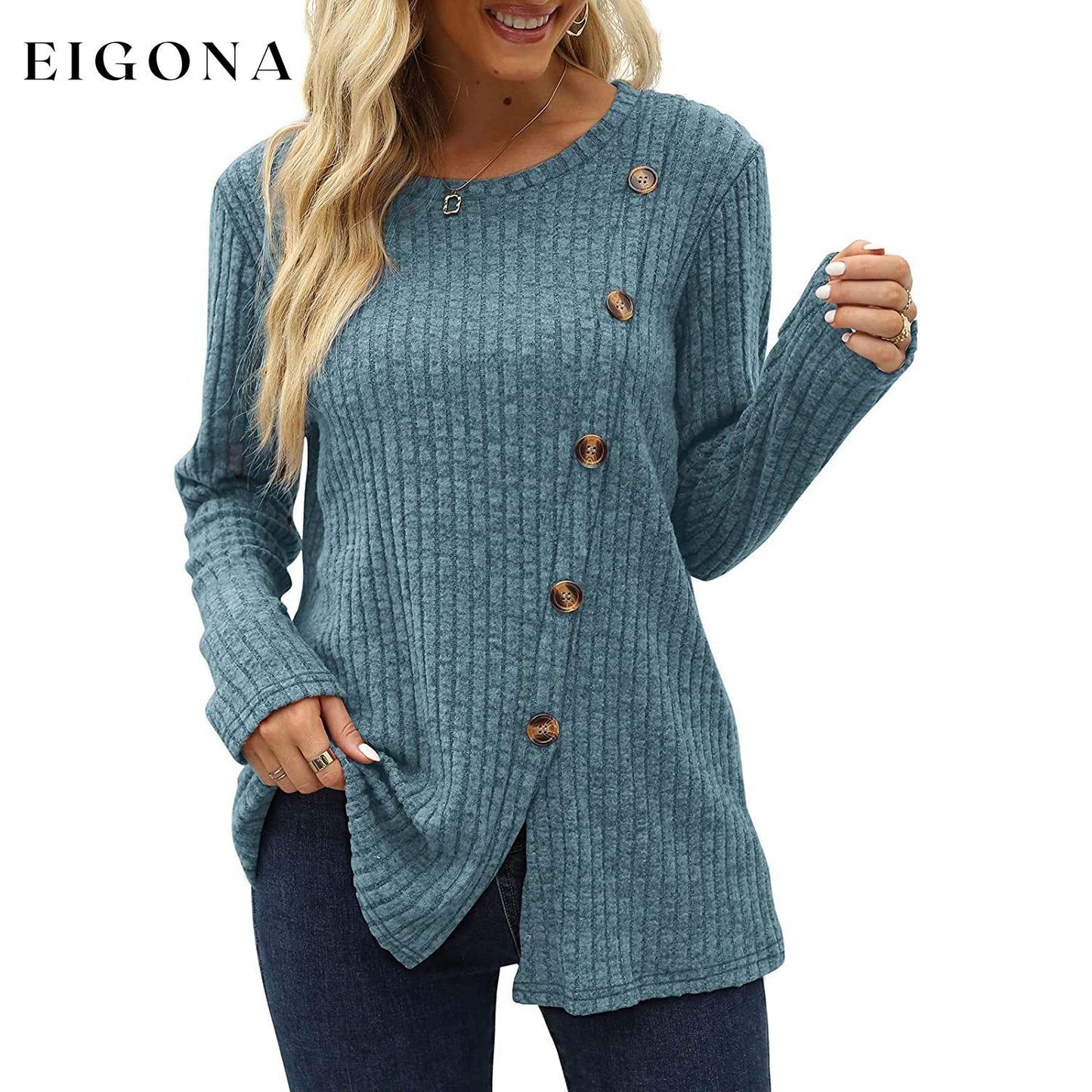 Women's Long Sleeve Crew Neck Tunic Tops Buttons Side __stock:200 clothes refund_fee:1200 tops