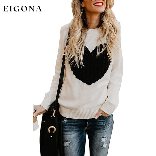 Women's Long Sleeve Crewneck Cute Heart Knitted Sweaters Beige __stock:500 clothes refund_fee:1200 tops