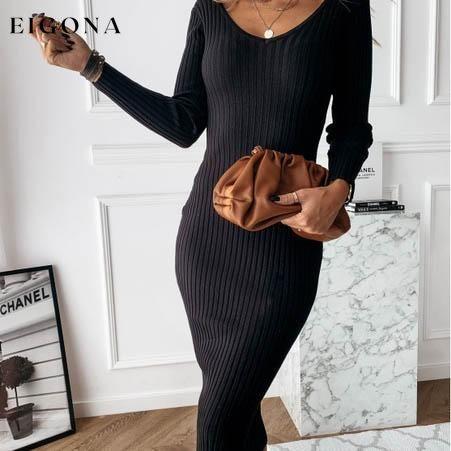 Women's Long Sleeve Dress V-neck Casual Dresses Soid Color Stripe Bodycon Dress Plus Size Long Dress Black __stock:100 casual dresses clothes dresses refund_fee:1200