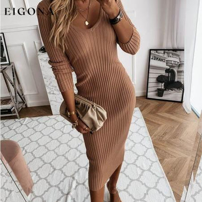 Women's Long Sleeve Dress V-neck Casual Dresses Soid Color Stripe Bodycon Dress Plus Size Long Dress Khaki __stock:100 casual dresses clothes dresses refund_fee:1200