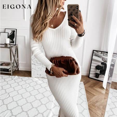 Women's Long Sleeve Dress V-neck Casual Dresses Soid Color Stripe Bodycon Dress Plus Size Long Dress White __stock:100 casual dresses clothes dresses refund_fee:1200