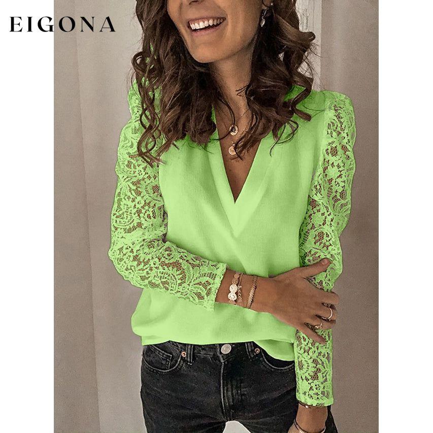 Women's Long Sleeve Lace Patchwork V Neck Top Green __stock:200 clothes refund_fee:1200 tops