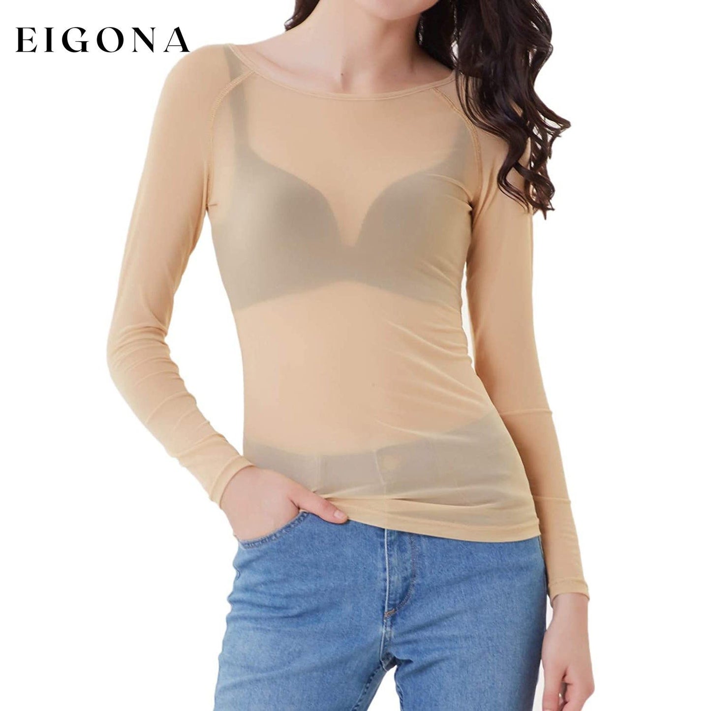 Women's Long Sleeve Sheer Mesh Sheer Top Nude __stock:200 clothes refund_fee:800 tops