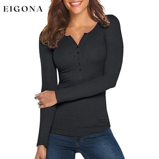 Women's Long Sleeve V Neck Ribbed Button Down Knit Sweater Fitted Top Black __stock:50 clothes refund_fee:800 tops