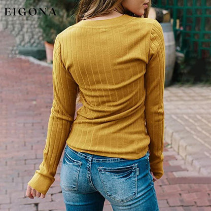 Women's Long Sleeve V Neck Ribbed Button Knit Sweater __stock:100 clothes refund_fee:1200 tops