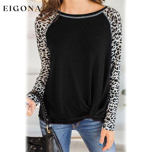 Women's Long Sleeved Leopard Print Twist Top Black __stock:200 clothes refund_fee:1200 tops