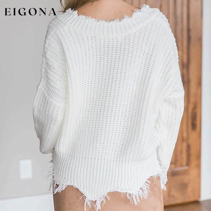 Women's Loose Knitted Sweater Long Sleeve V-Neck Ripped Pullover Sweaters Crop Top Knit Jumper __stock:200 clothes refund_fee:1200 tops