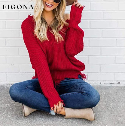 Women's Loose Knitted Sweater Long Sleeve V-Neck Ripped Pullover Sweaters Crop Top Knit Jumper __stock:200 clothes refund_fee:1200 tops