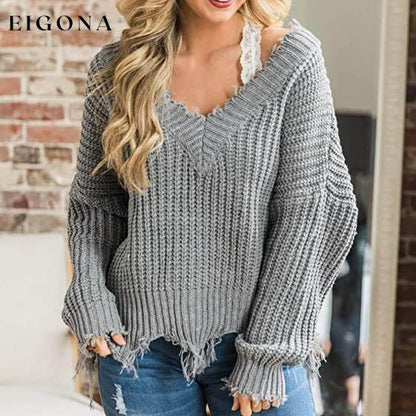 Women's Loose Knitted Sweater Long Sleeve V-Neck Ripped Pullover Sweaters Crop Top Knit Jumper __stock:200 clothes refund_fee:1200 tops