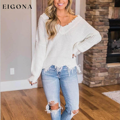 Women's Loose Knitted Sweater Long Sleeve V-Neck Ripped Pullover Sweaters Crop Top Knit Jumper __stock:200 clothes refund_fee:1200 tops