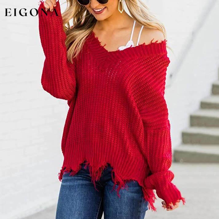 Women's Loose Knitted Sweater Long Sleeve V-Neck Ripped Pullover Sweaters Crop Top Knit Jumper __stock:200 clothes refund_fee:1200 tops