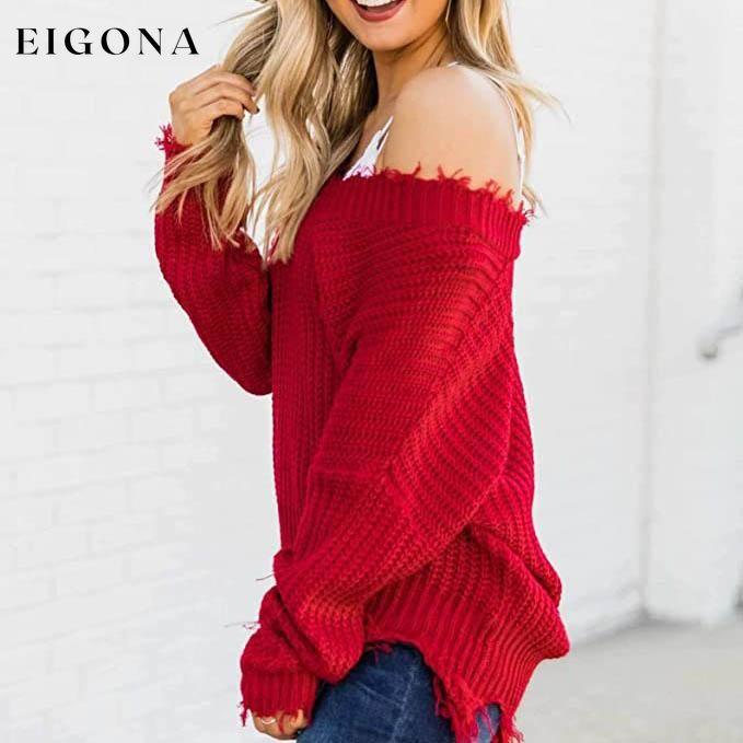 Women's Loose Knitted Sweater Long Sleeve V-Neck Ripped Pullover Sweaters Crop Top Knit Jumper __stock:200 clothes refund_fee:1200 tops