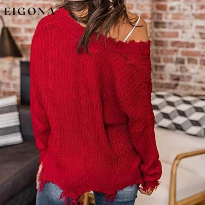 Women's Loose Knitted Sweater Long Sleeve V-Neck Ripped Pullover Sweaters Crop Top Knit Jumper __stock:200 clothes refund_fee:1200 tops