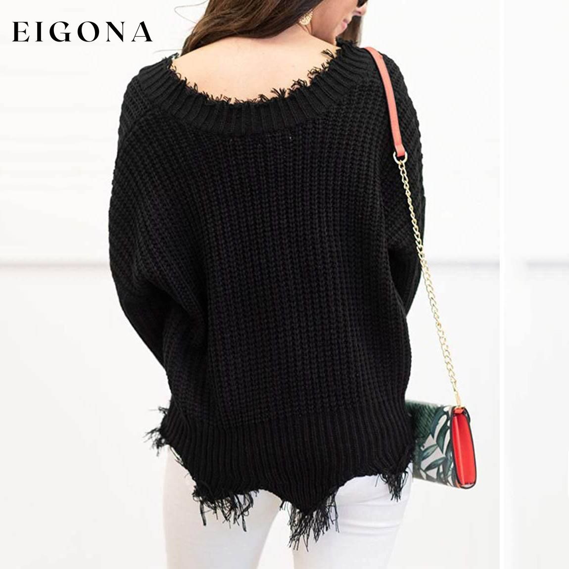 Women's Loose Knitted Sweater Long Sleeve V-Neck Ripped Pullover Sweaters Crop Top Knit Jumper __stock:200 clothes refund_fee:1200 tops