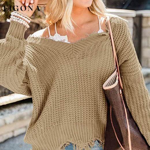 Women's Loose Knitted Sweater Long Sleeve V-Neck Ripped Pullover Sweaters Crop Top Knit Jumper __stock:200 clothes refund_fee:1200 tops