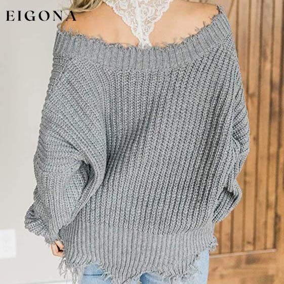 Women's Loose Knitted Sweater Long Sleeve V-Neck Ripped Pullover Sweaters Crop Top Knit Jumper __stock:200 clothes refund_fee:1200 tops