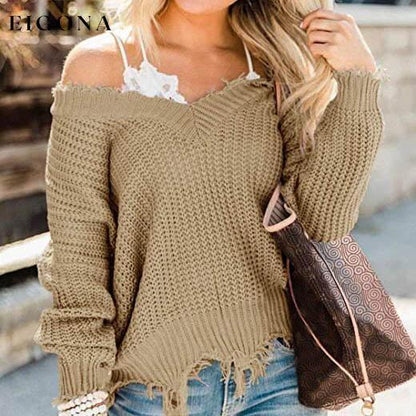 Women's Loose Knitted Sweater Long Sleeve V-Neck Ripped Pullover Sweaters Crop Top Knit Jumper __stock:200 clothes refund_fee:1200 tops