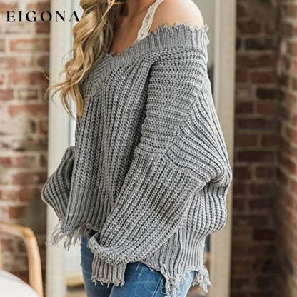 Women's Loose Knitted Sweater Long Sleeve V-Neck Ripped Pullover Sweaters Crop Top Knit Jumper __stock:200 clothes refund_fee:1200 tops