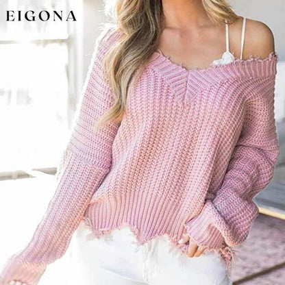 Women's Loose Knitted Sweater Long Sleeve V-Neck Ripped Pullover Sweaters Crop Top Knit Jumper __stock:200 clothes refund_fee:1200 tops