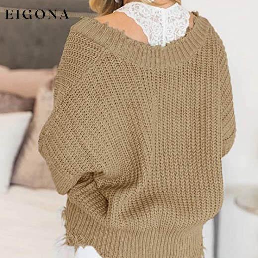 Women's Loose Knitted Sweater Long Sleeve V-Neck Ripped Pullover Sweaters Crop Top Knit Jumper __stock:200 clothes refund_fee:1200 tops