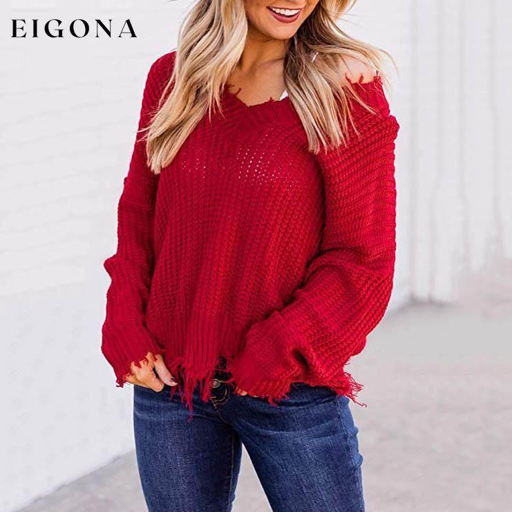 Women's Loose Knitted Sweater Long Sleeve V-Neck Ripped Pullover Sweaters Crop Top Knit Jumper __stock:200 clothes refund_fee:1200 tops