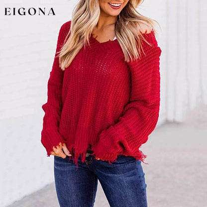 Women's Loose Knitted Sweater Long Sleeve V-Neck Ripped Pullover Sweaters Crop Top Knit Jumper __stock:200 clothes refund_fee:1200 tops