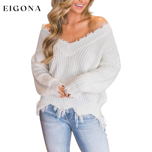 Women's Loose Knitted Sweater Long Sleeve V-Neck Ripped Pullover Sweaters Crop Top Knit Jumper White __stock:200 clothes refund_fee:1200 tops