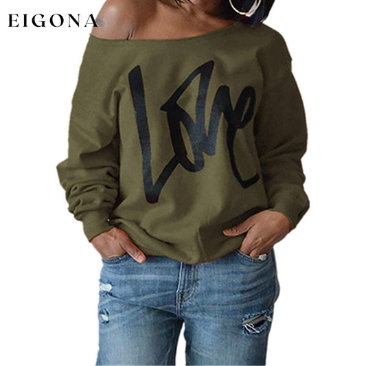 Womens Love Letter Printed Off Shoulder Pullover Sweatshirt Slouchy Tops Shirts Army Green __stock:50 clothes refund_fee:800 tops