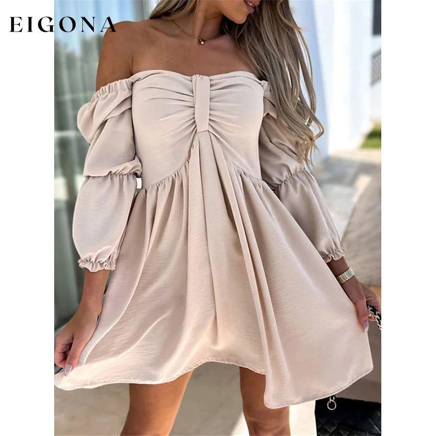 Women's Off Shoulder Casual Puff Sleeve Dress Beige __stock:200 casual dresses clothes dresses refund_fee:1200